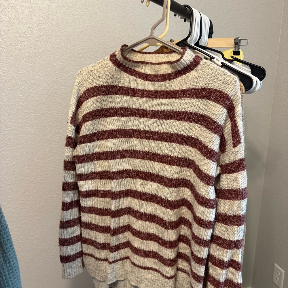 American Eagle Outfitters Maroon and Cream Striped Sweater